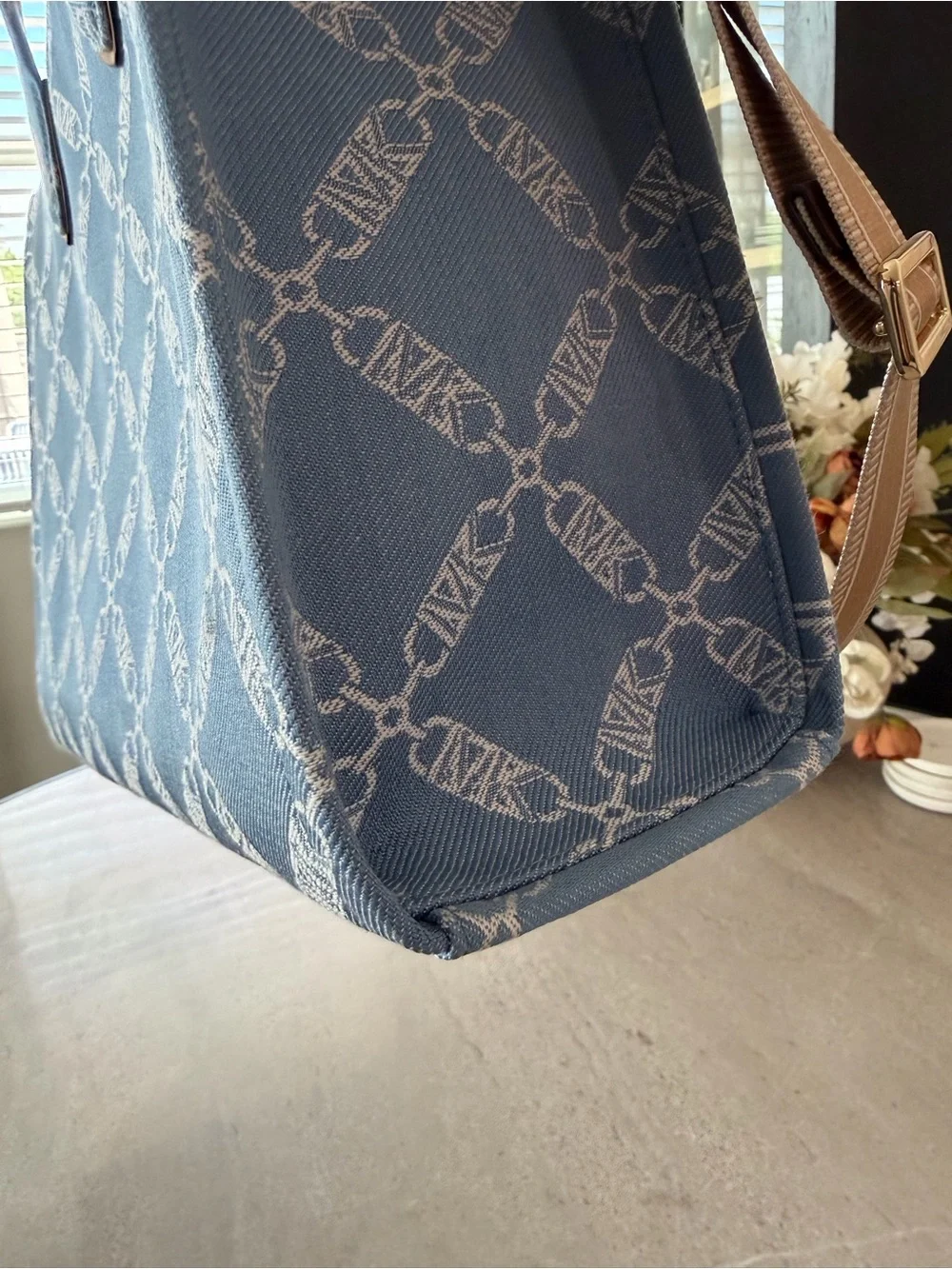 Michael Kors Light Blue Signature Canvas Tote with Tan Strap and wallet